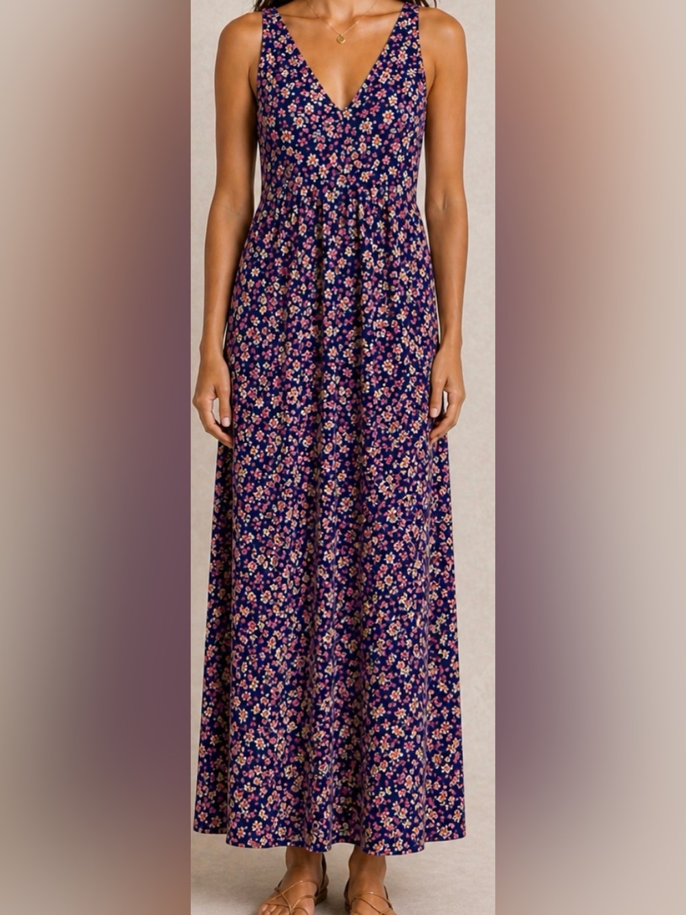 Anthro Nine Britton Floral Maxi Dress Navy Pink Tie Back Boho Size M